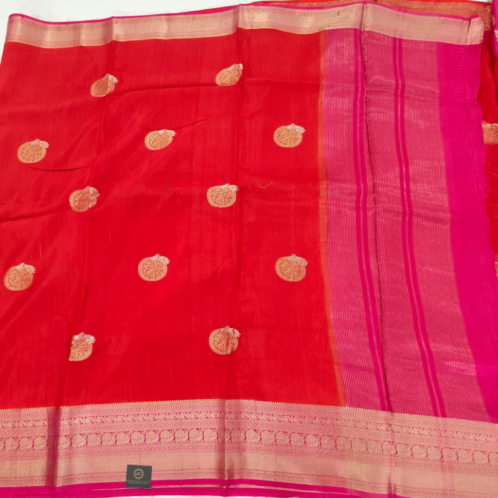 Orange Viscose Saree with Pink Contrast Border