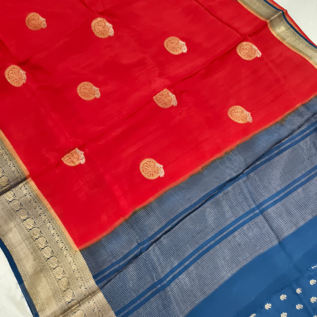 Red Viscose Saree with Blue Contrast Border