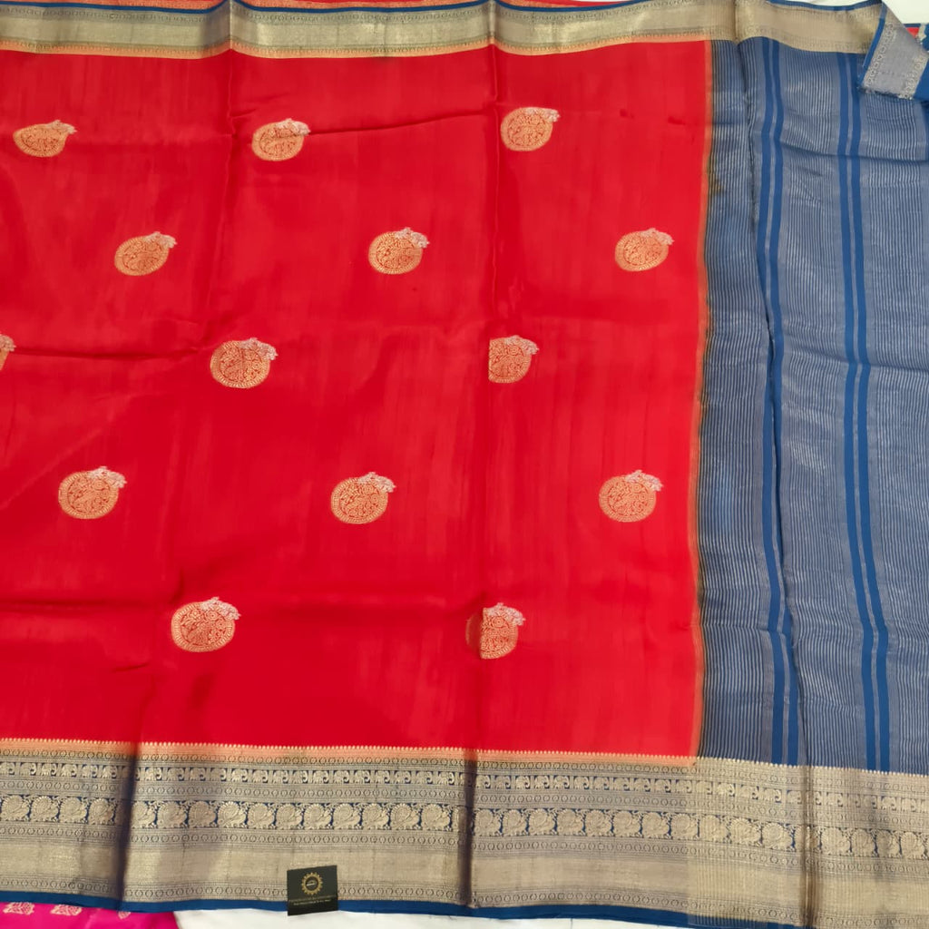 Red Viscose Saree with Blue Contrast Border