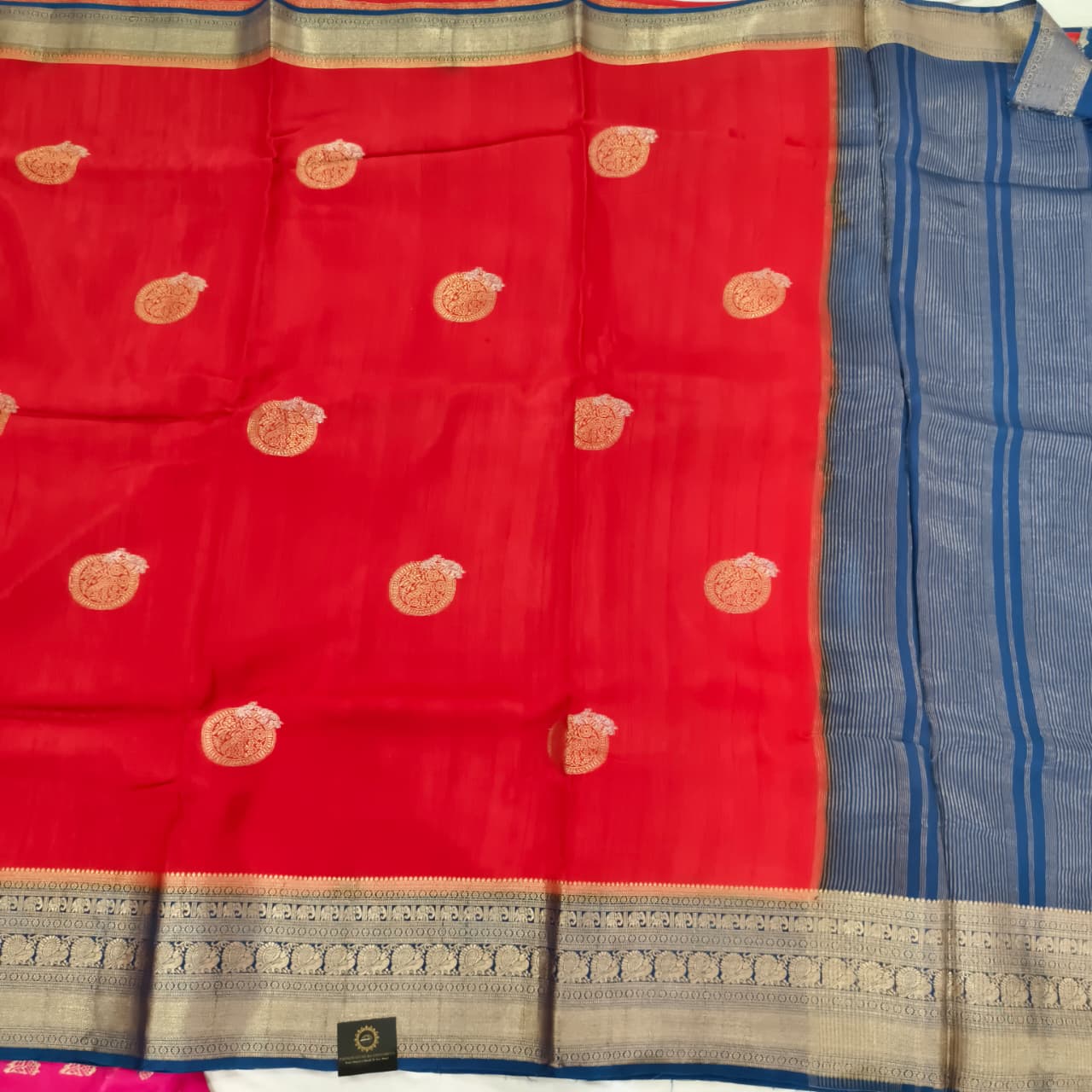 Red Viscose Saree with Blue Contrast Border