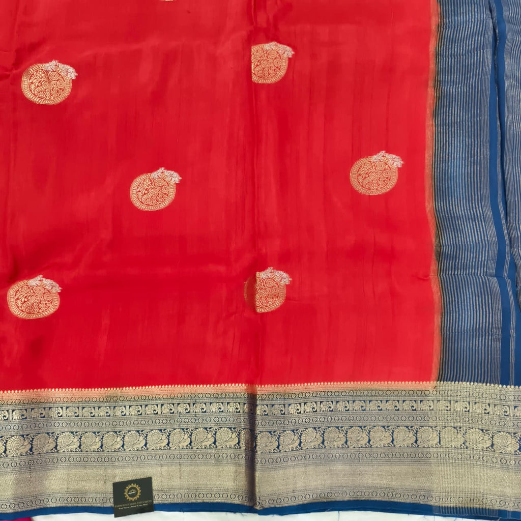 Red Viscose Saree with Blue Contrast Border