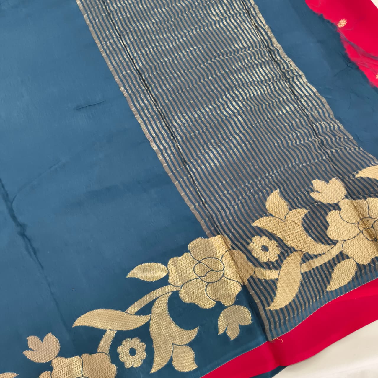 Blue Fancy Crepe Saree with Red Contrast blouse
