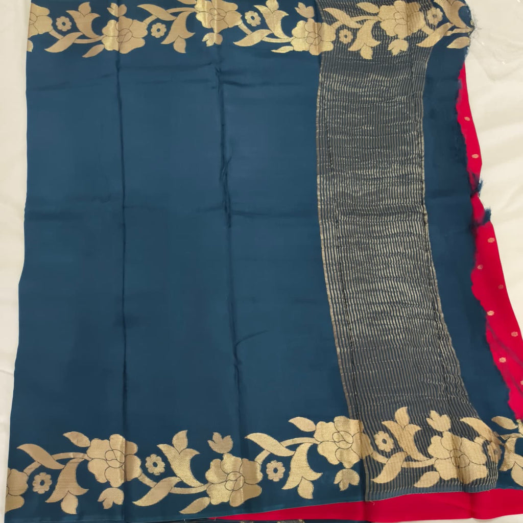 Blue Fancy Crepe Saree with Red Contrast blouse