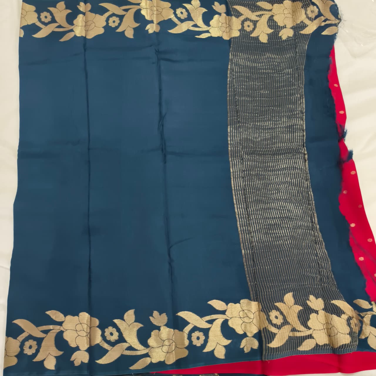 Blue Fancy Crepe Saree with Red Contrast blouse
