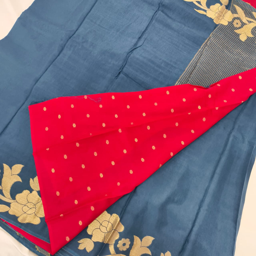 Blue Fancy Crepe Saree with Red Contrast blouse