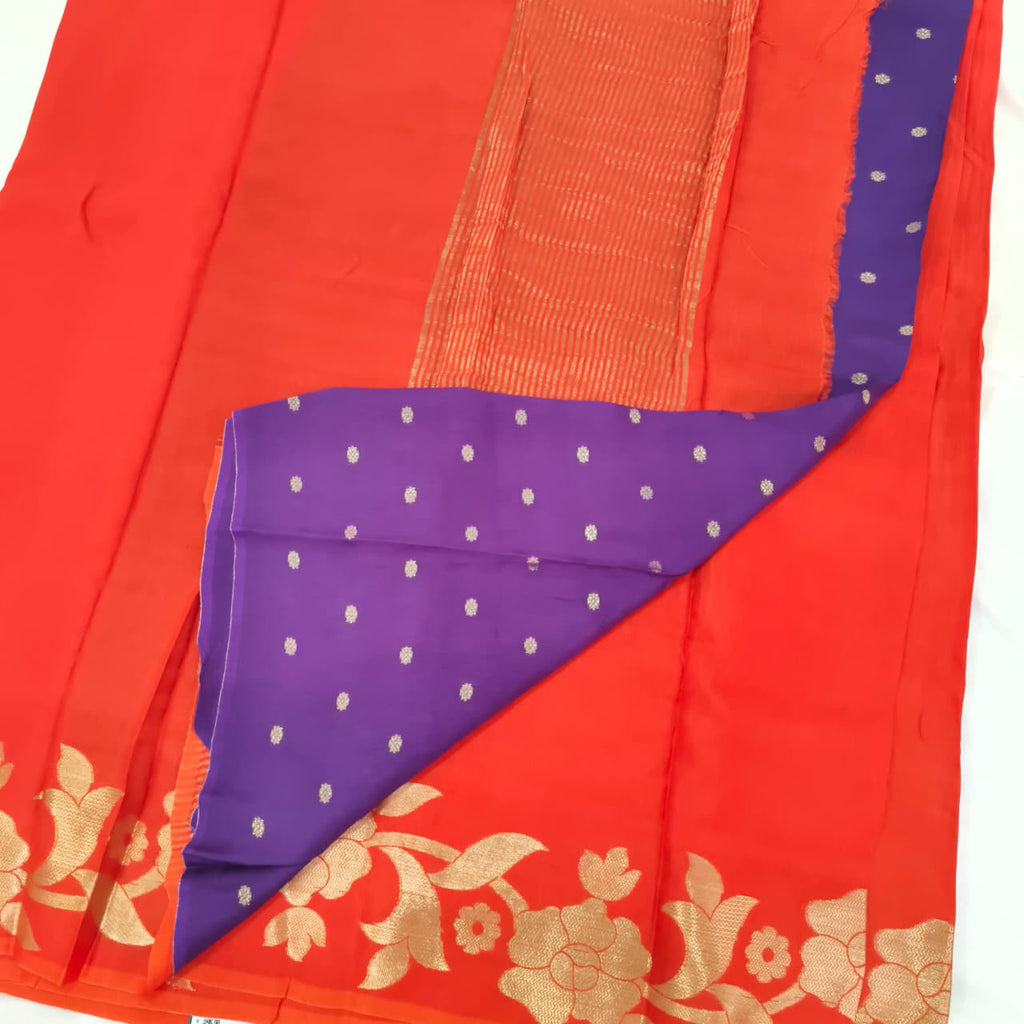 Orange Fancy Crepe Saree with Purple Contrast blouse