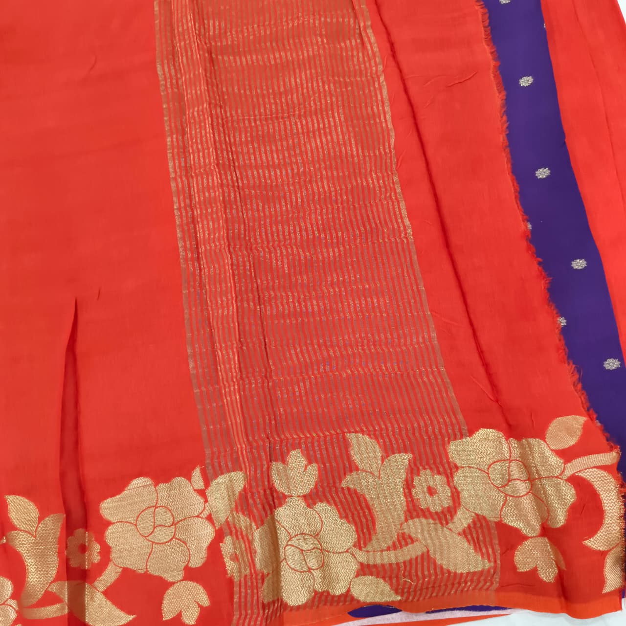 Orange Fancy Crepe Saree with Purple Contrast blouse