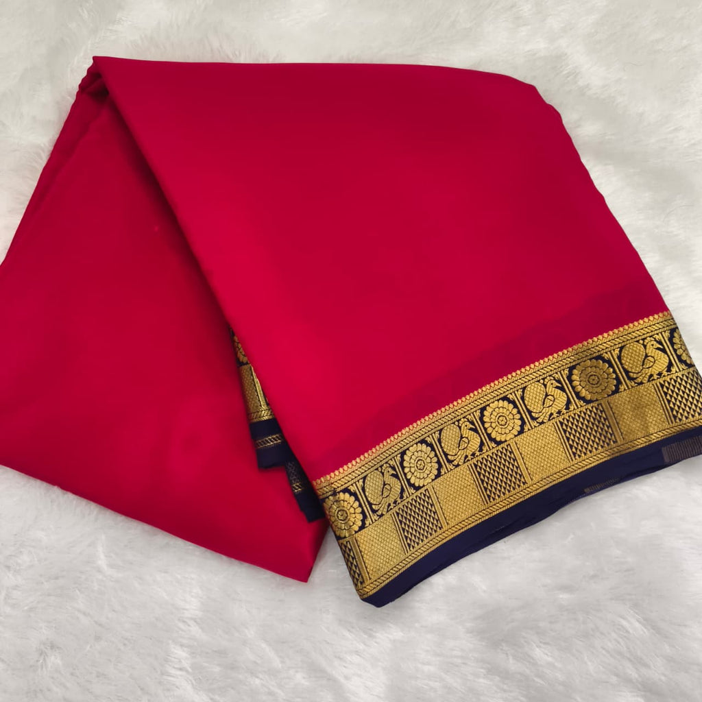 Pure Mysore Crepe Silk Saree – Red with Blue Contrast