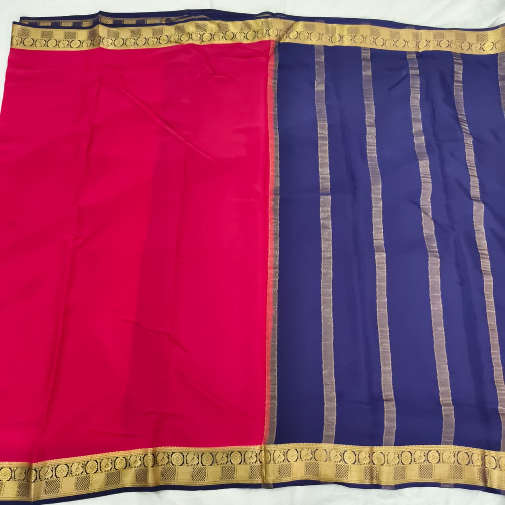 Pure Mysore Crepe Silk Saree – Red with Blue Contrast