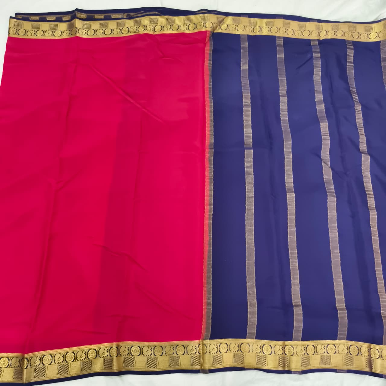 Pure Mysore Crepe Silk Saree – Red with Blue Contrast