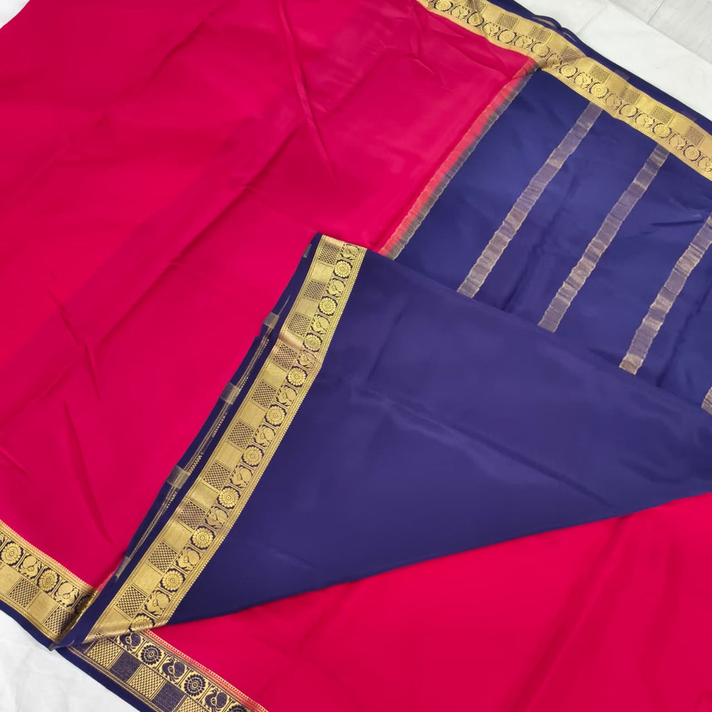 Pure Mysore Crepe Silk Saree – Red with Blue Contrast