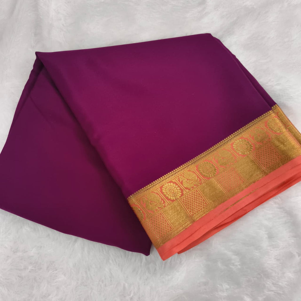 Pure Mysore Crepe Silk Saree – Wine with Peach Contrast