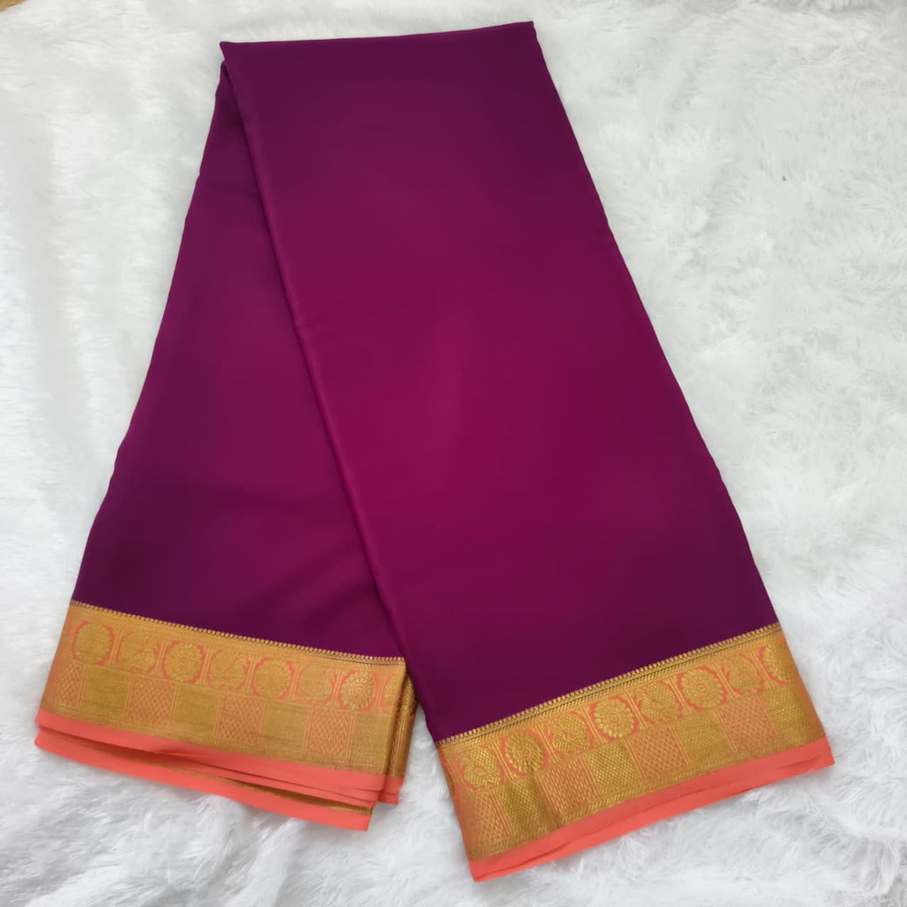 Pure Mysore Crepe Silk Saree – Wine with Peach Contrast