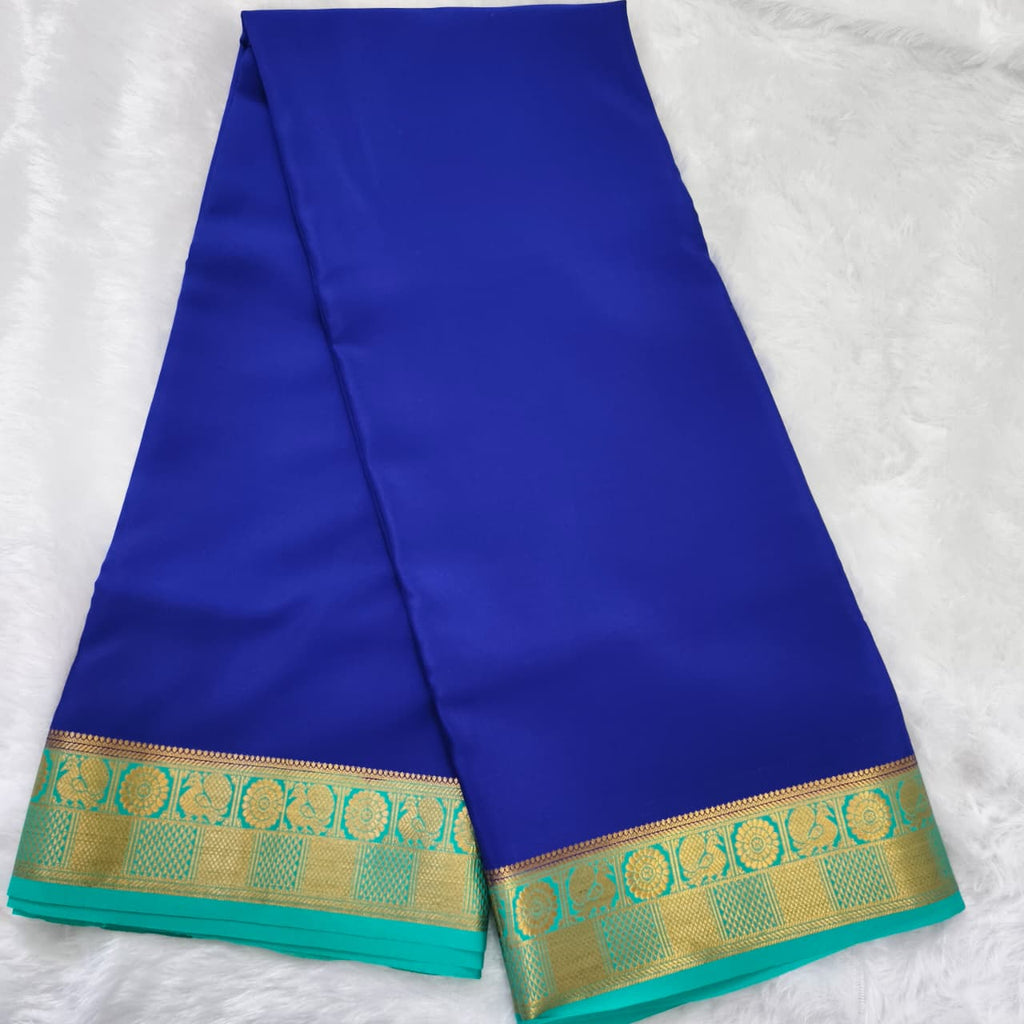 Pure Mysore Crepe Silk Saree – Navy Blue with Turquoise Blue Contrast