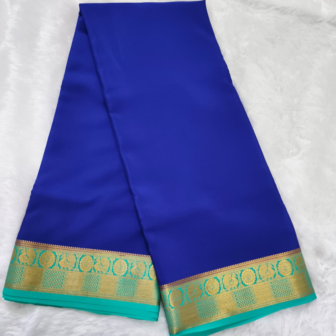 Pure Mysore Crepe Silk Saree – Navy Blue with Turquoise Blue Contrast