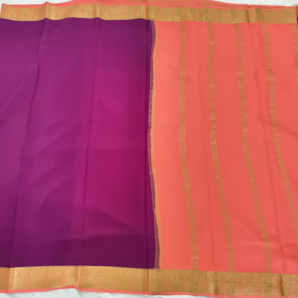 Pure Mysore Crepe Silk Saree – Wine with Peach Contrast