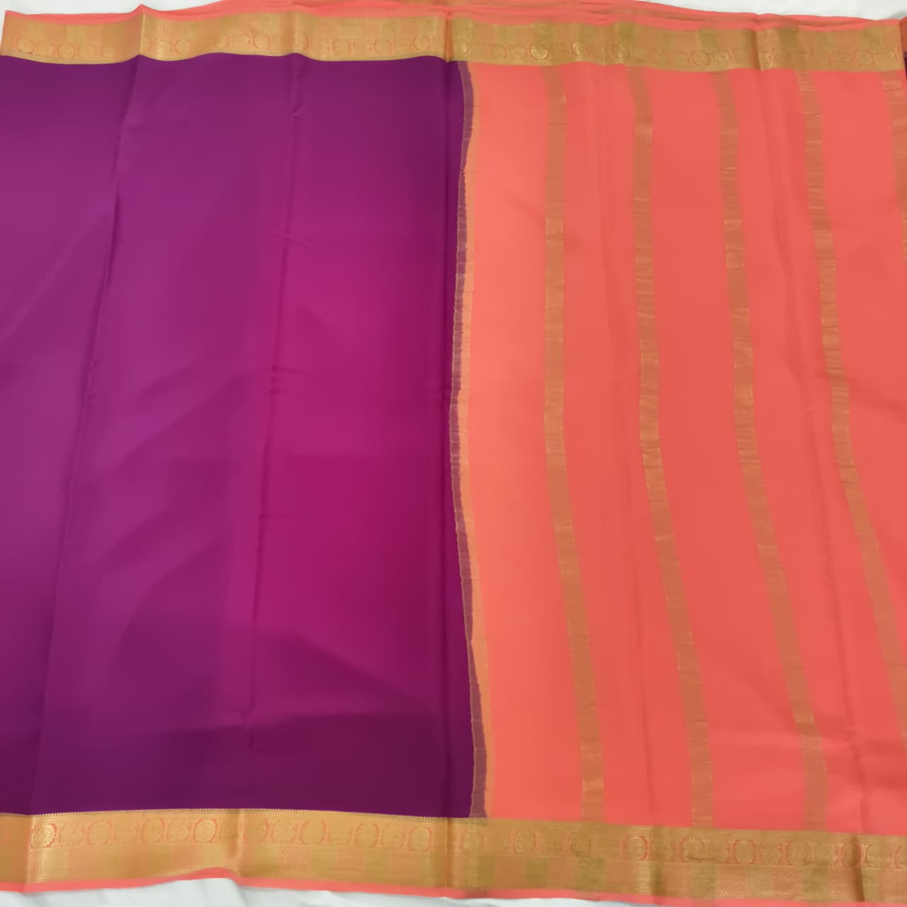 Pure Mysore Crepe Silk Saree – Wine with Peach Contrast