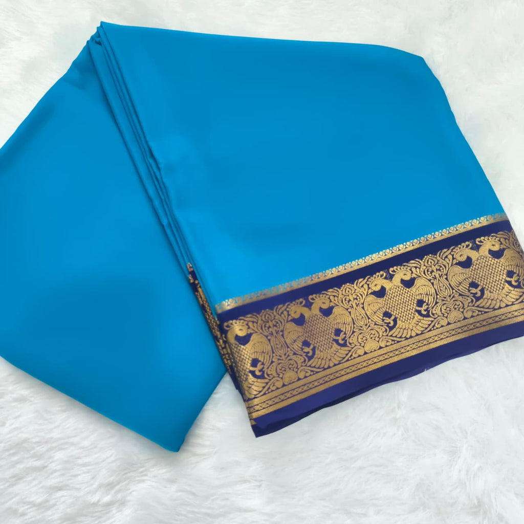 Pure Mysore Crepe Silk Saree – Sky Blue with Navy Blue Contrast
