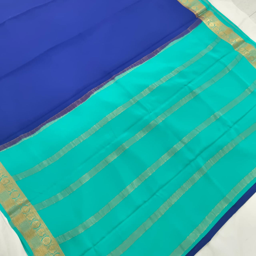 Pure Mysore Crepe Silk Saree – Navy Blue with Turquoise Blue Contrast