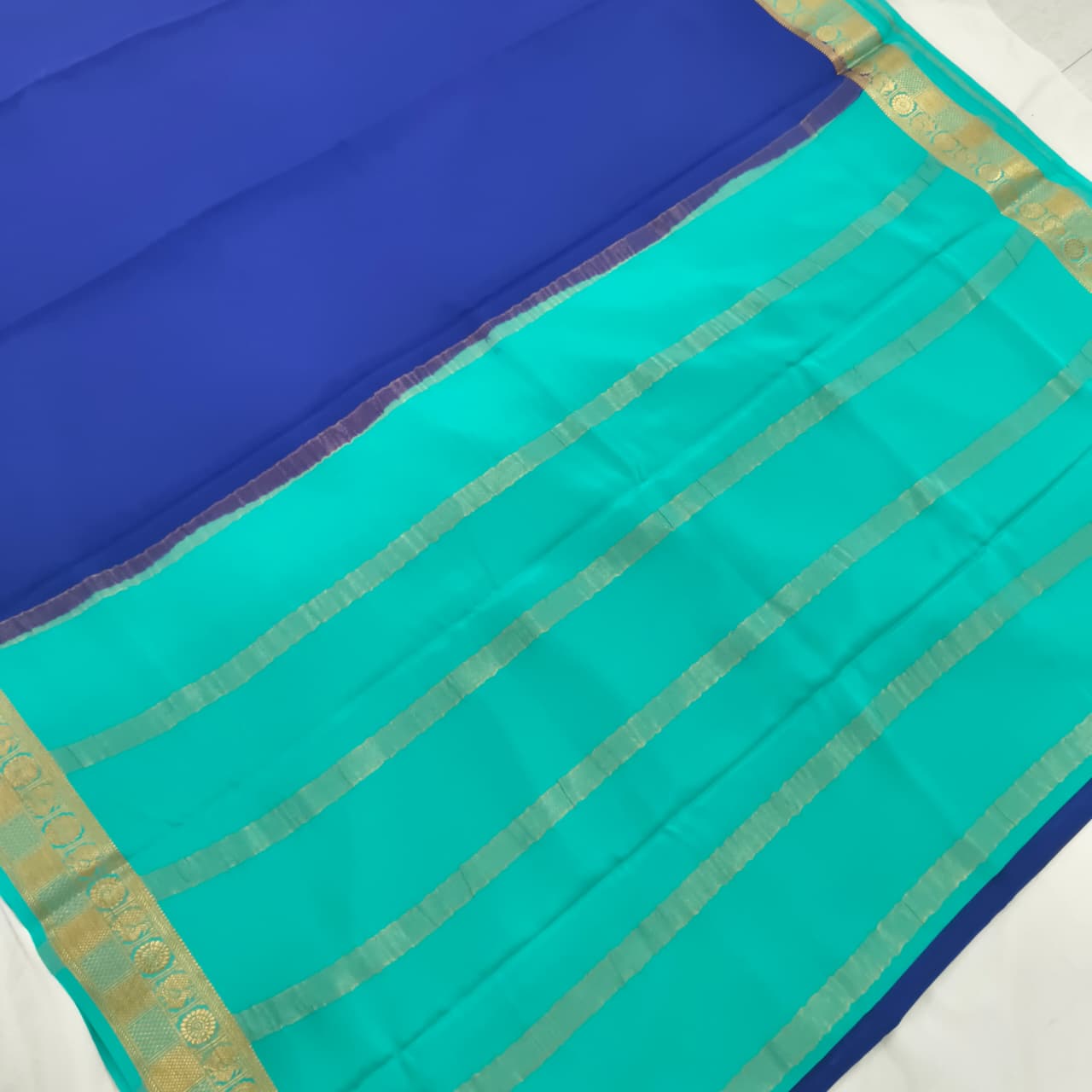 Pure Mysore Crepe Silk Saree – Navy Blue with Turquoise Blue Contrast