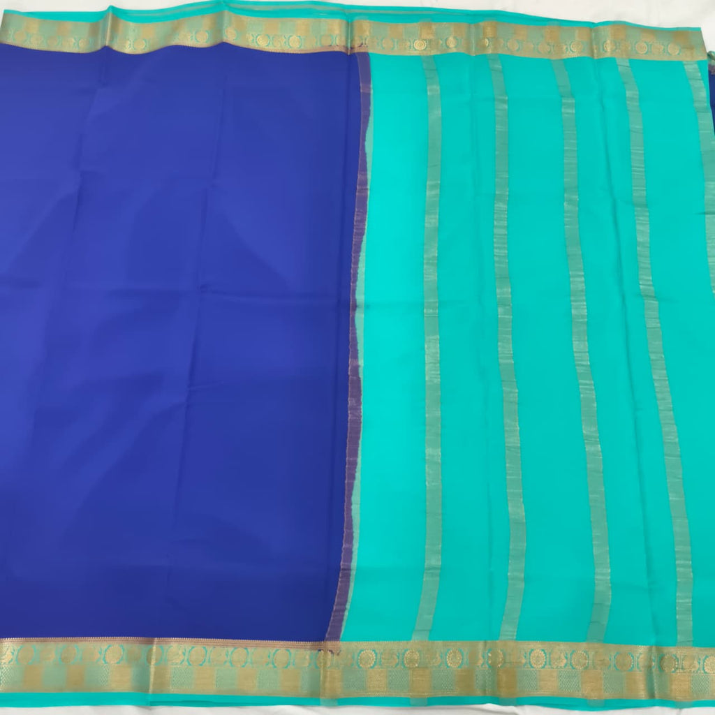 Pure Mysore Crepe Silk Saree – Navy Blue with Turquoise Blue Contrast