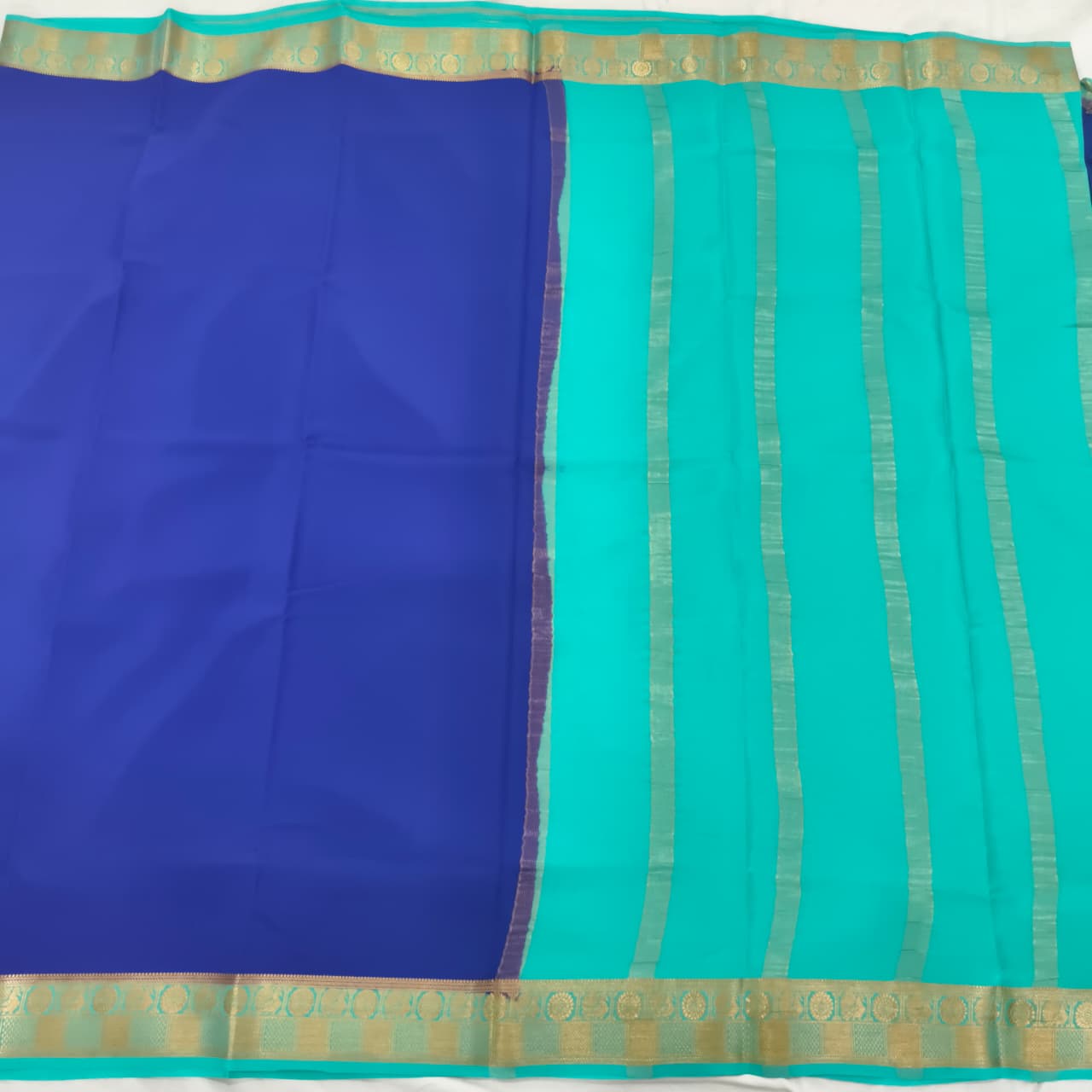 Pure Mysore Crepe Silk Saree – Navy Blue with Turquoise Blue Contrast