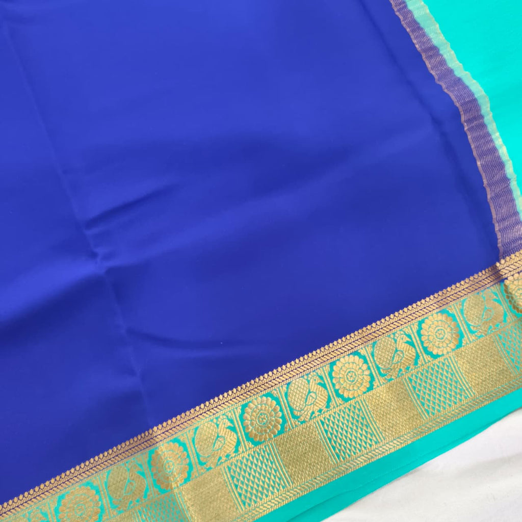 Pure Mysore Crepe Silk Saree – Navy Blue with Turquoise Blue Contrast