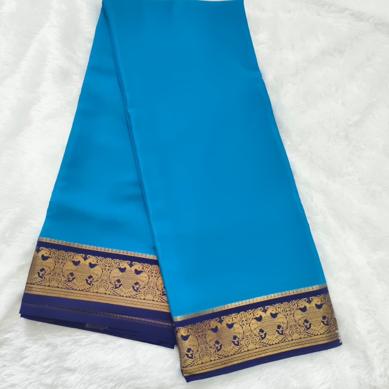Pure Mysore Crepe Silk Saree – Sky Blue with Navy Blue Contrast