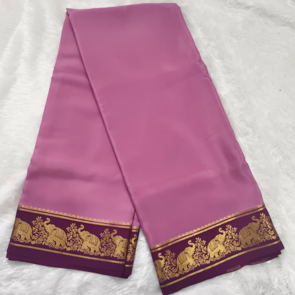 Pure Mysore Crepe Silk Saree – Onion Pink with Wine Contrast