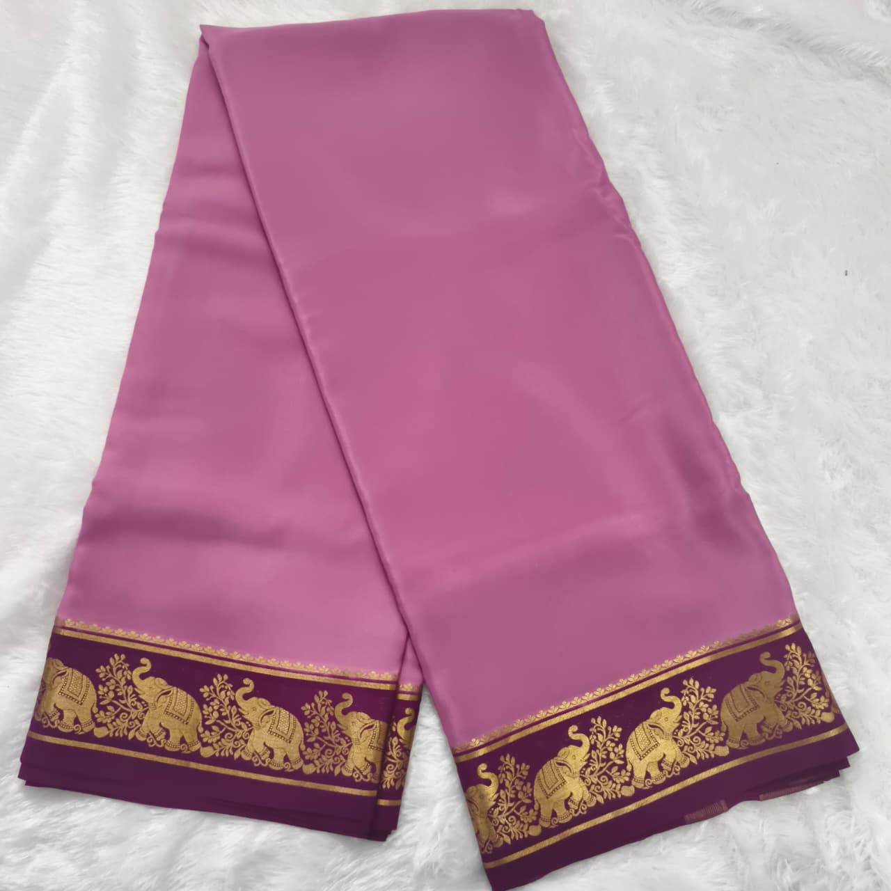 Pure Mysore Crepe Silk Saree – Onion Pink with Wine Contrast