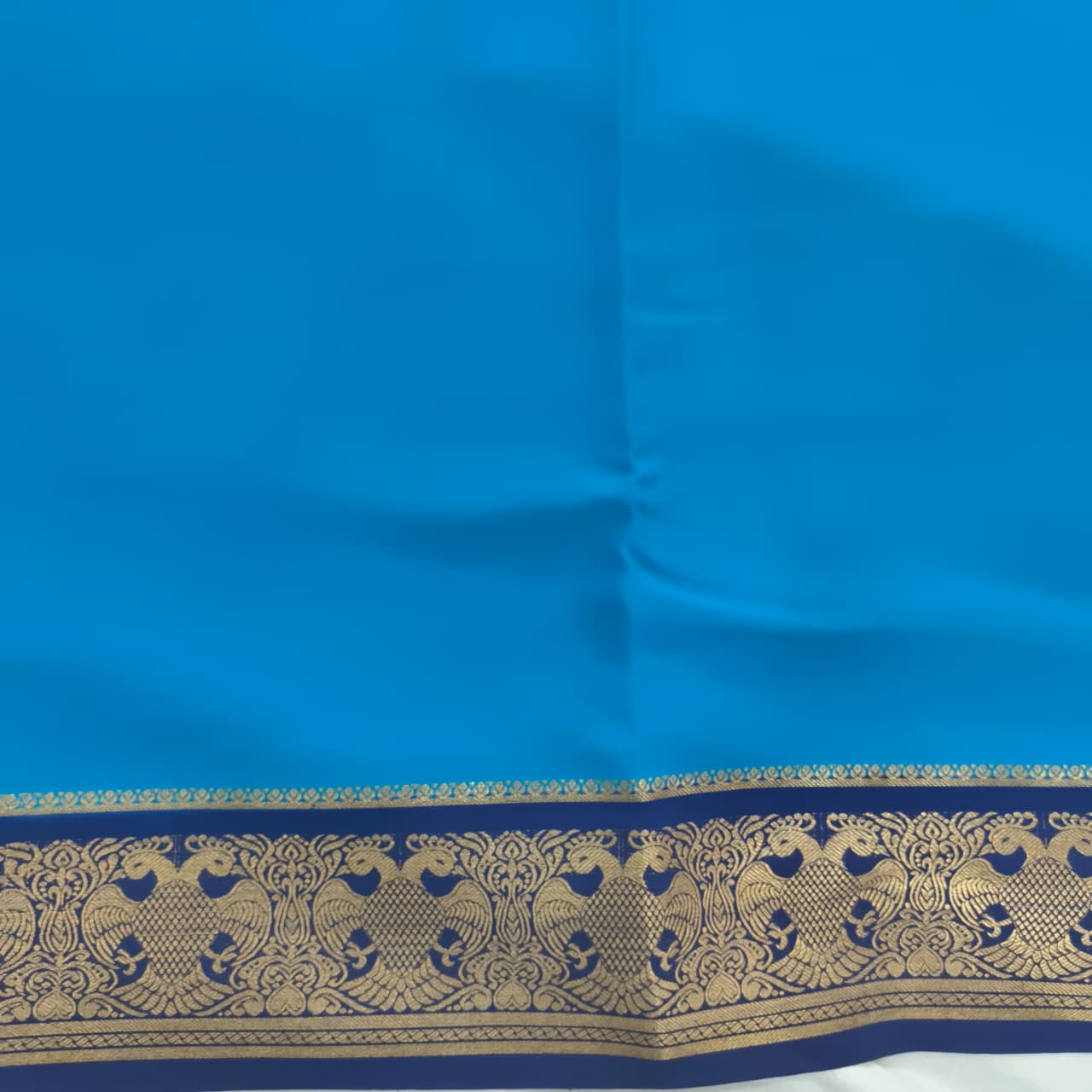Pure Mysore Crepe Silk Saree – Sky Blue with Navy Blue Contrast