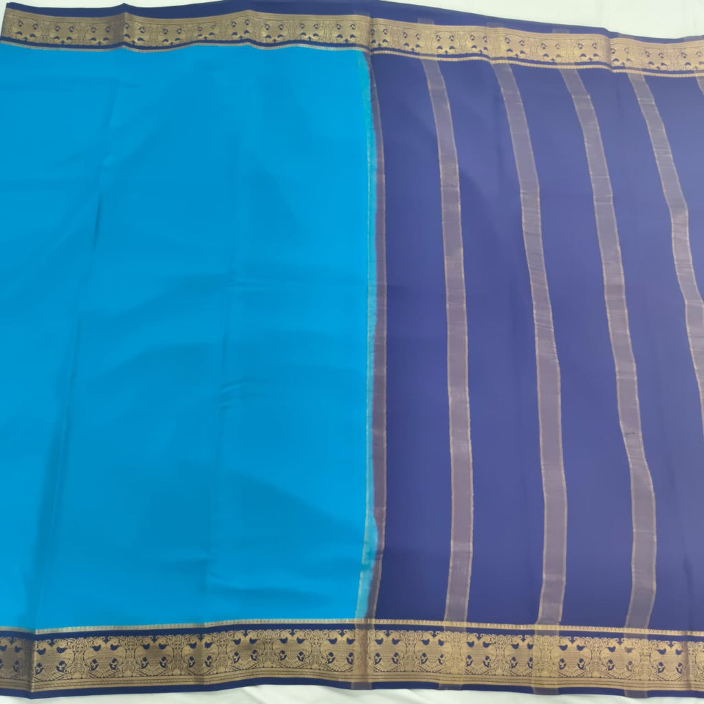Pure Mysore Crepe Silk Saree – Sky Blue with Navy Blue Contrast