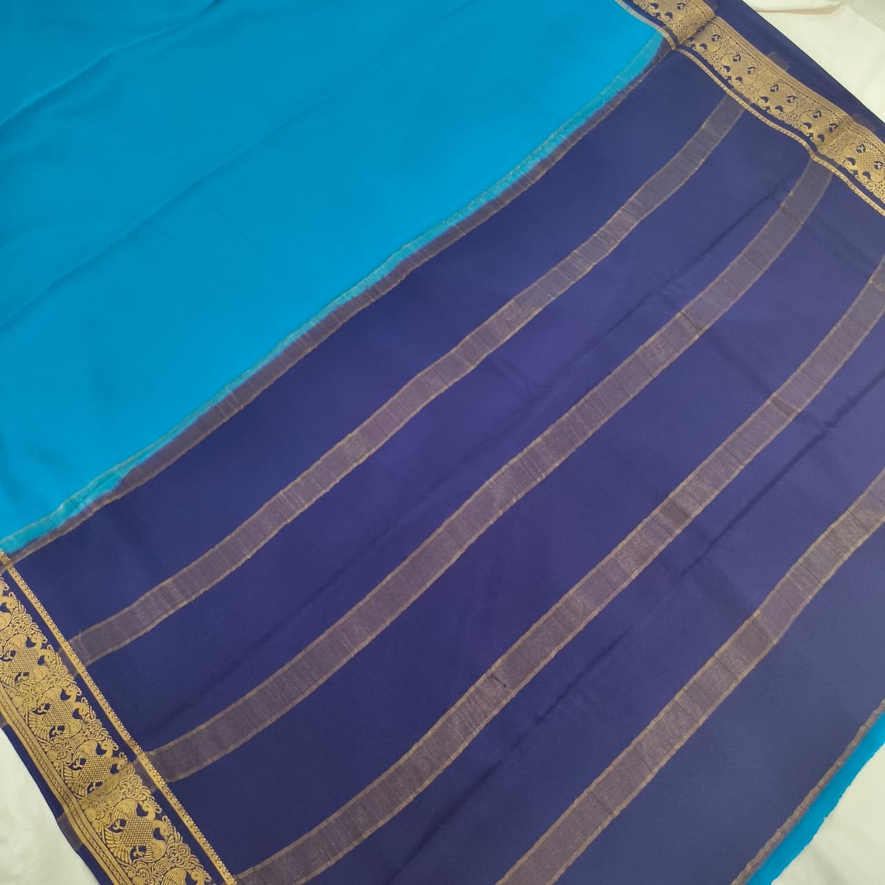 Pure Mysore Crepe Silk Saree – Sky Blue with Navy Blue Contrast