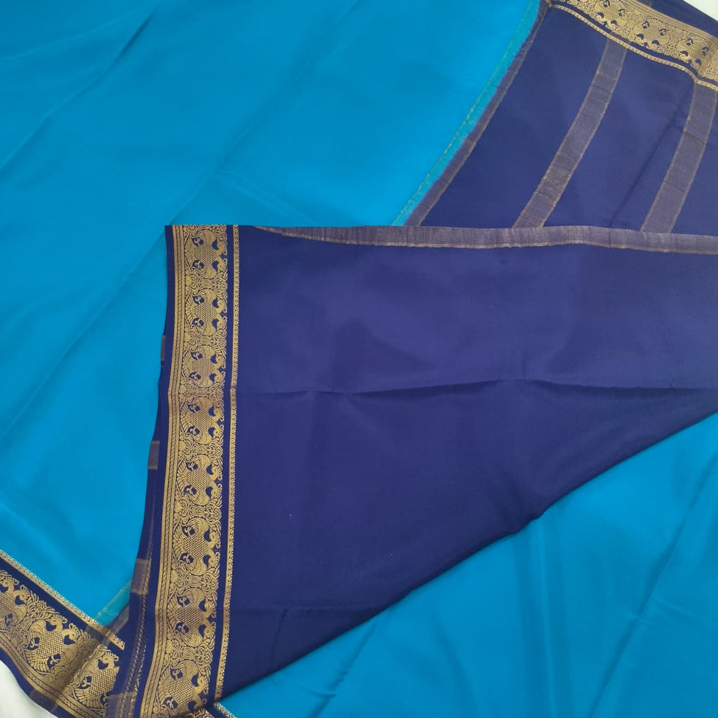 Pure Mysore Crepe Silk Saree – Sky Blue with Navy Blue Contrast