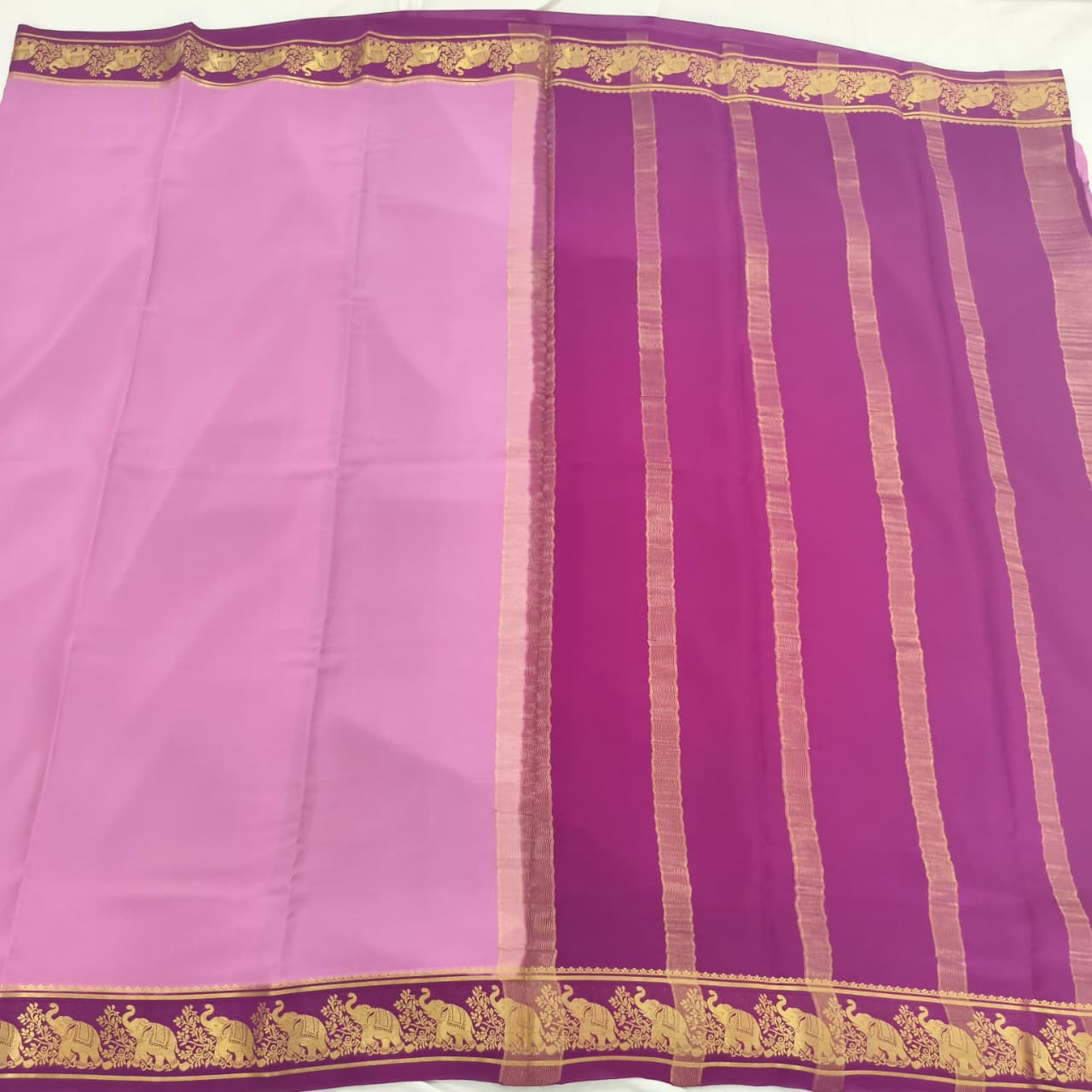 Pure Mysore Crepe Silk Saree – Onion Pink with Wine Contrast