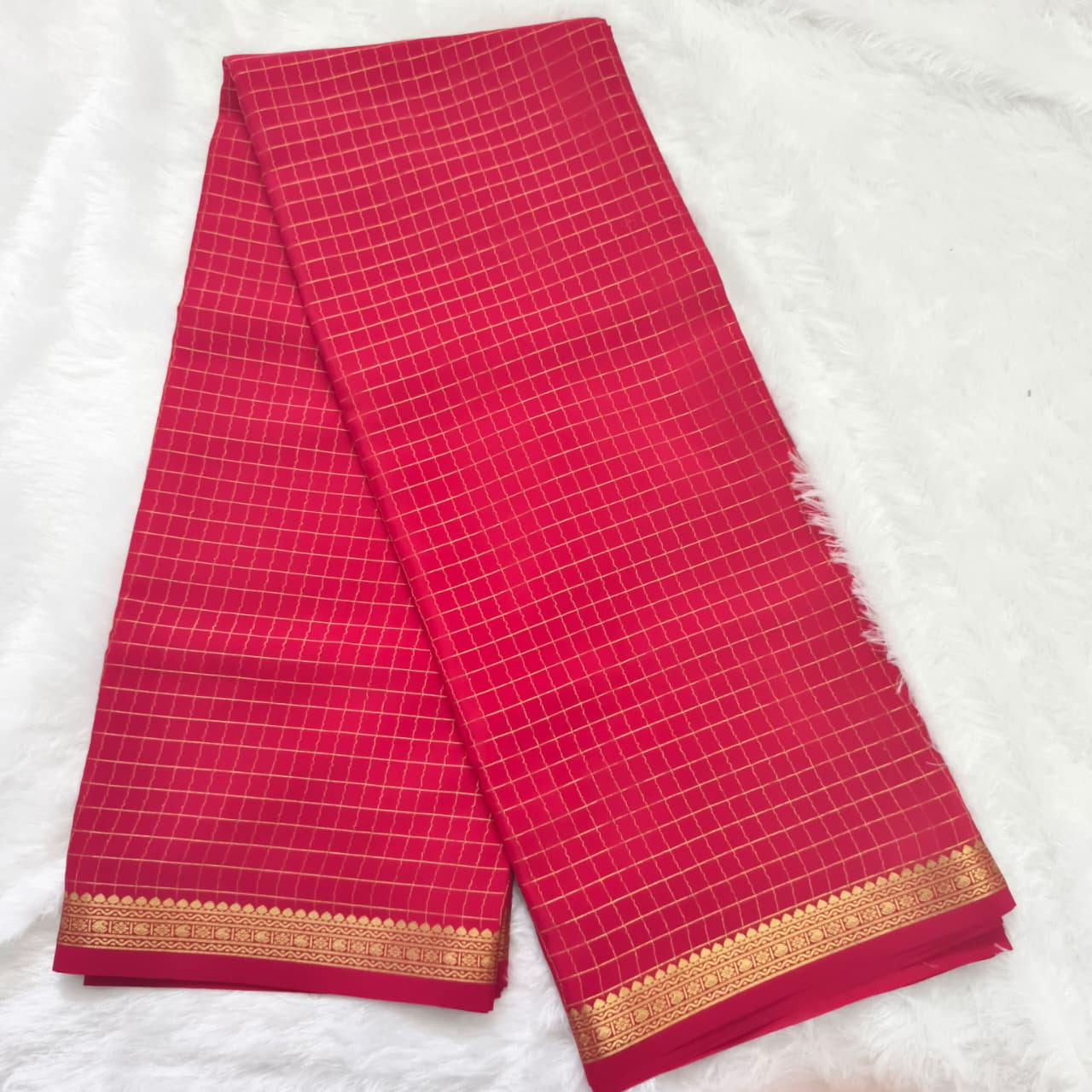 Pure Mysore Crepe Silk Saree – Red with small checks