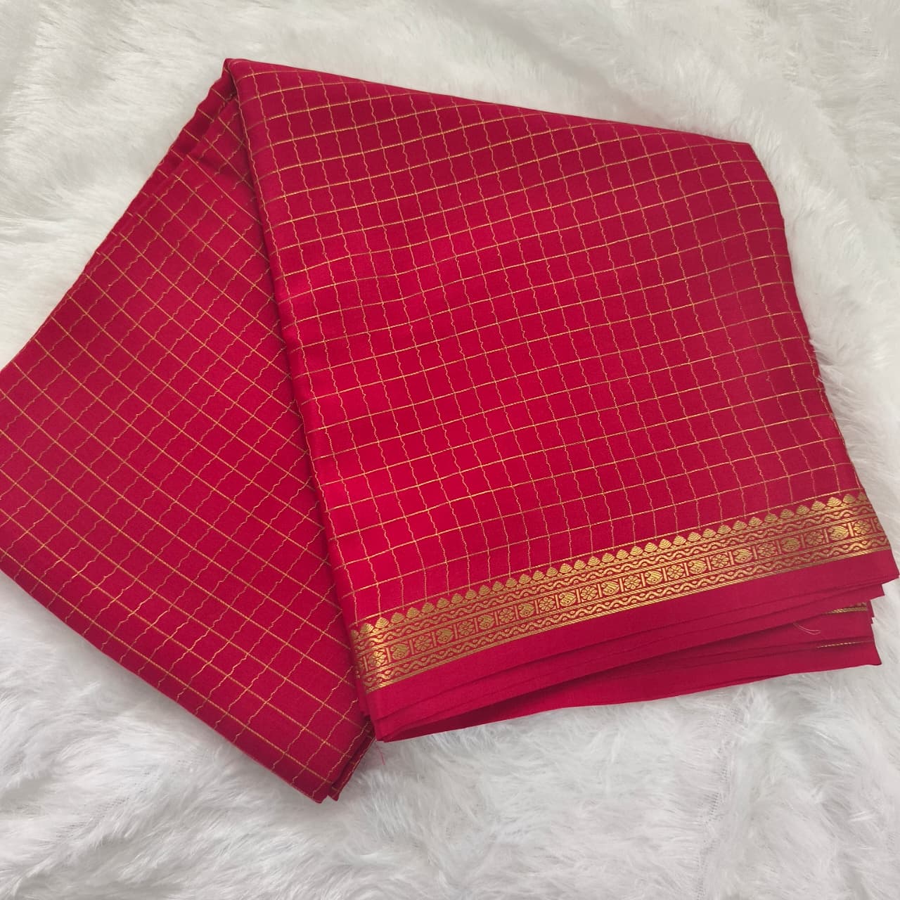 Pure Mysore Crepe Silk Saree – Red with small checks