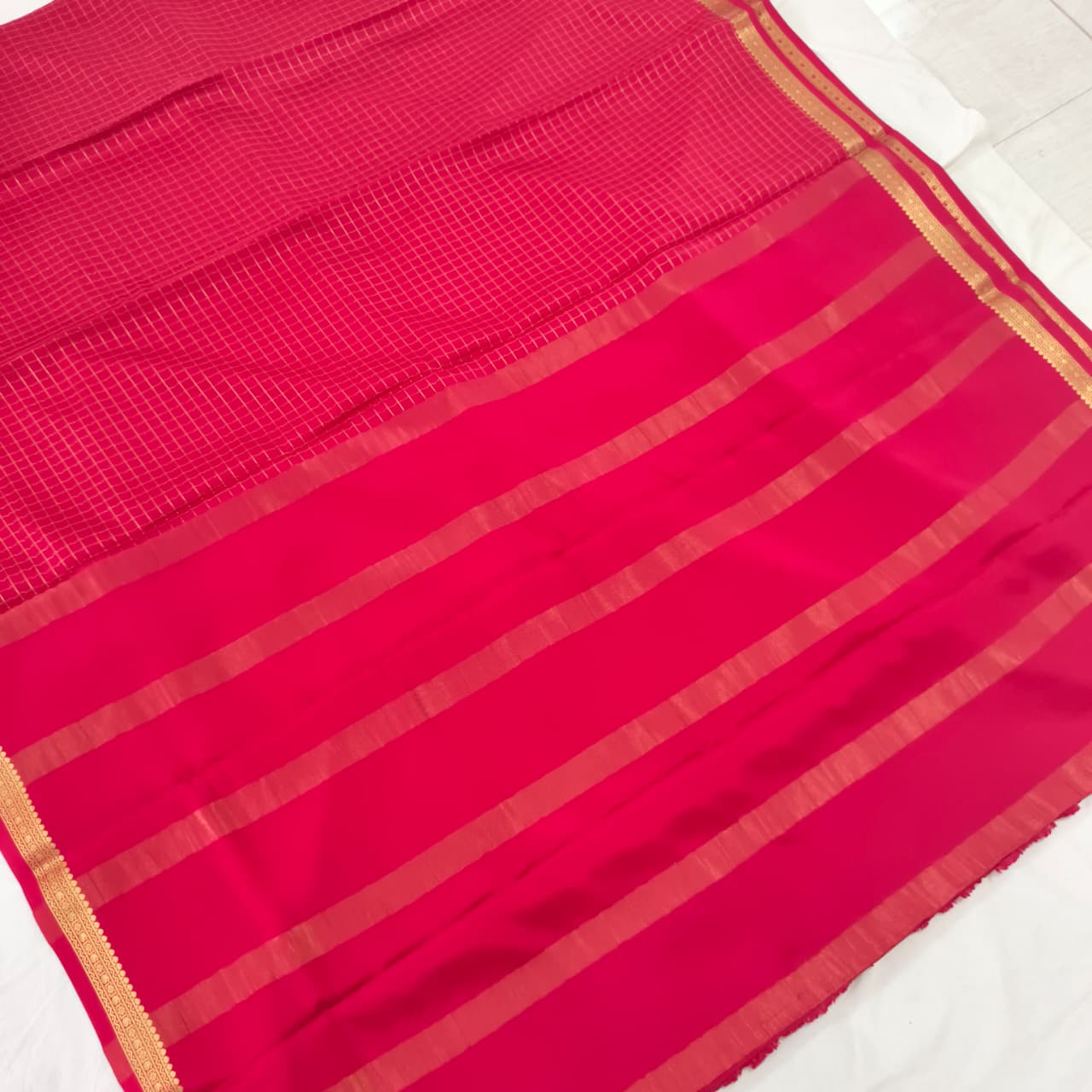 Pure Mysore Crepe Silk Saree – Red with small checks