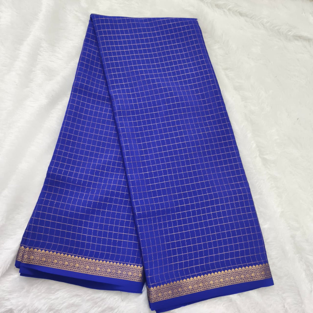 Pure Mysore Crepe Silk Saree –Royal Blue with small checks