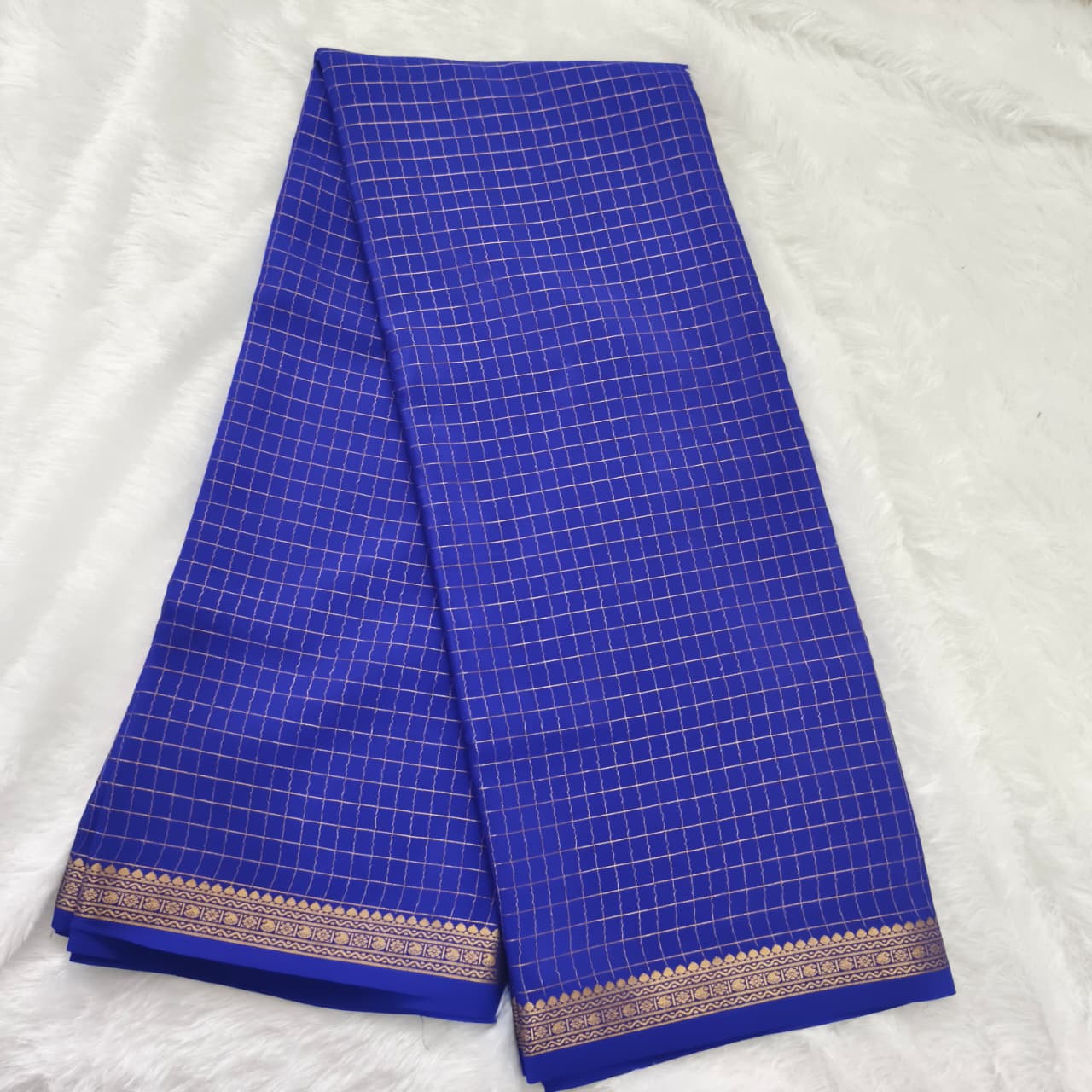 Pure Mysore Crepe Silk Saree –Royal Blue with small checks