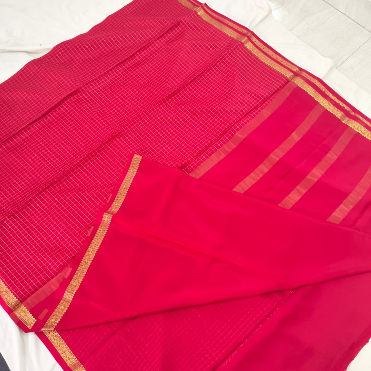 Pure Mysore Crepe Silk Saree – Red with small checks