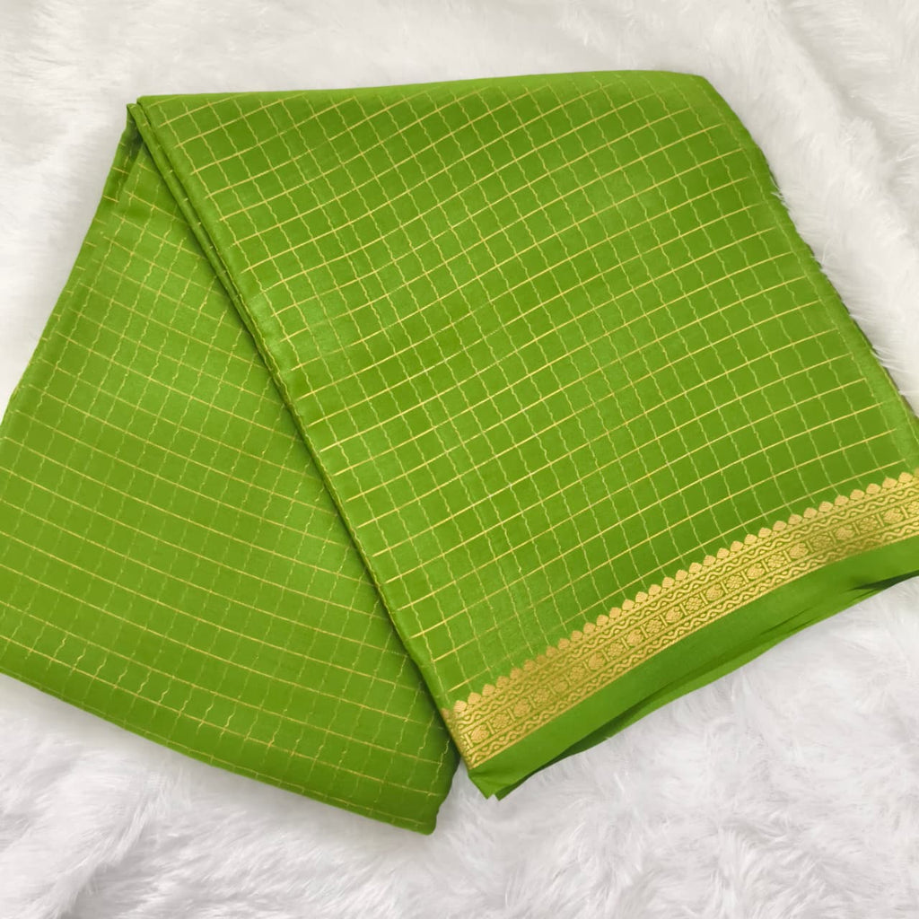 Pure Mysore Crepe Silk Saree – Parrot Green with small checks