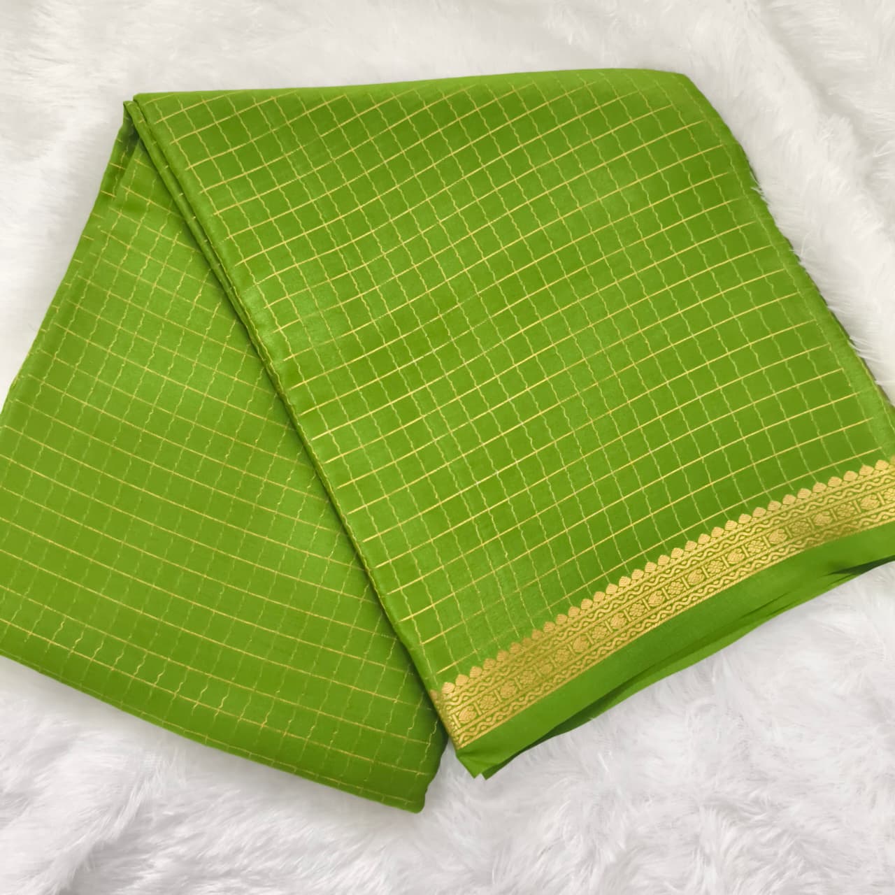 Pure Mysore Crepe Silk Saree – Parrot Green with small checks