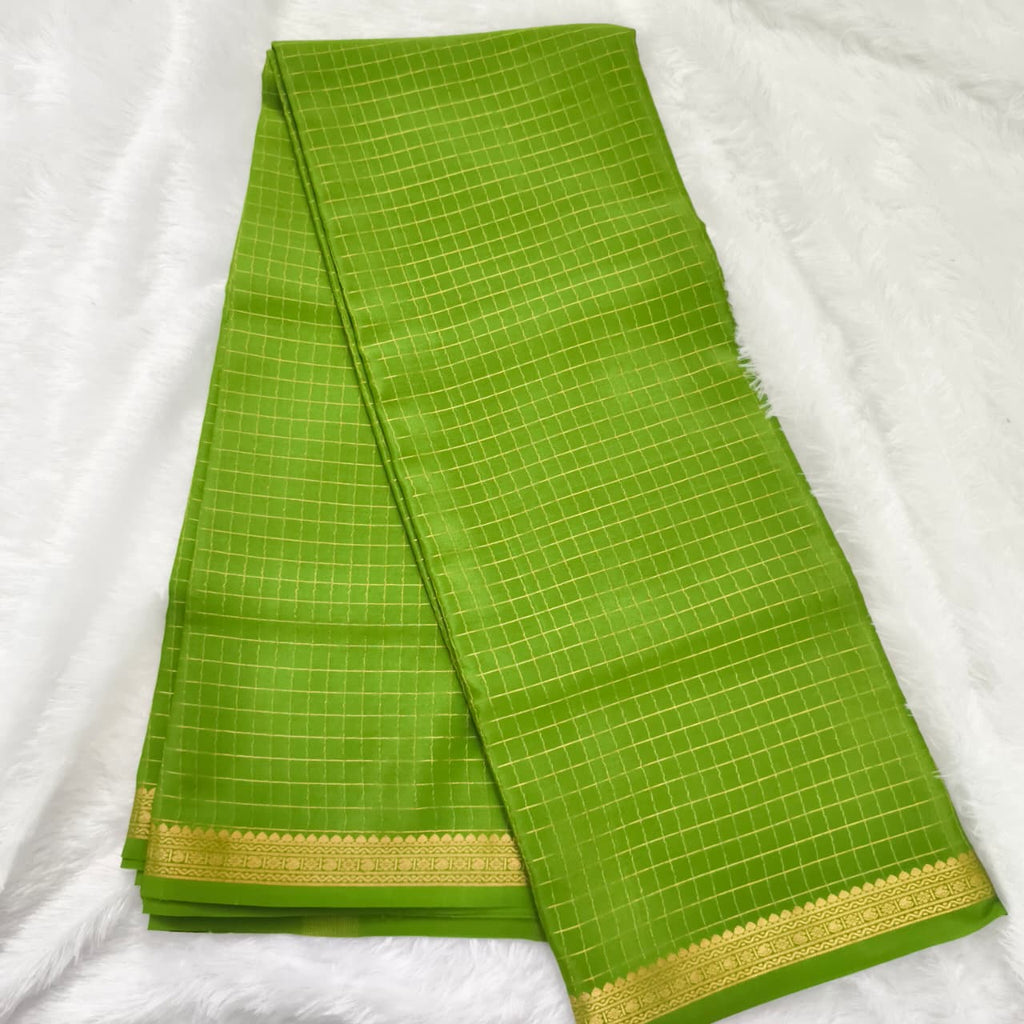 Pure Mysore Crepe Silk Saree – Parrot Green with small checks