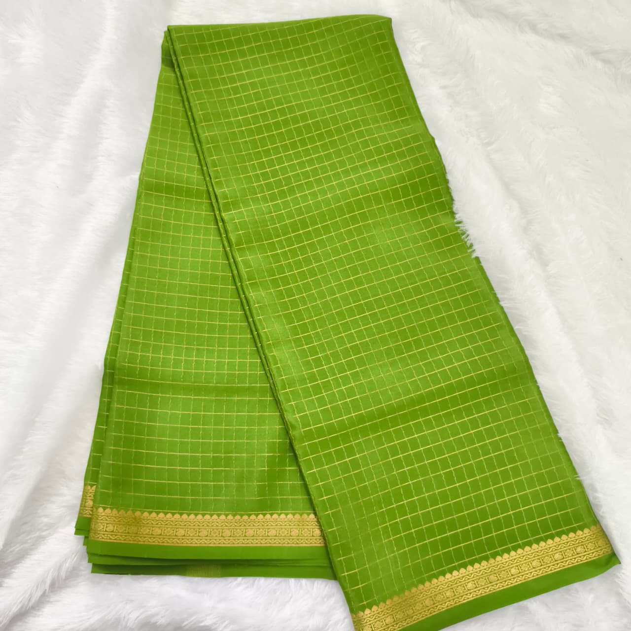 Pure Mysore Crepe Silk Saree – Parrot Green with small checks