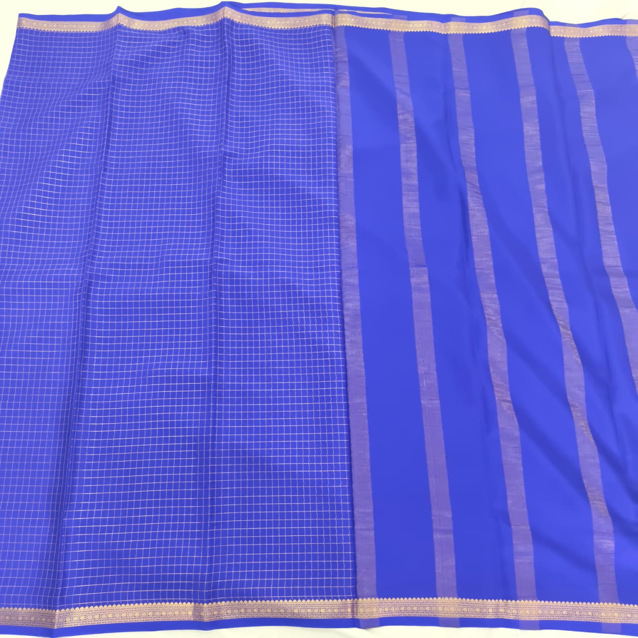 Pure Mysore Crepe Silk Saree –Royal Blue with small checks