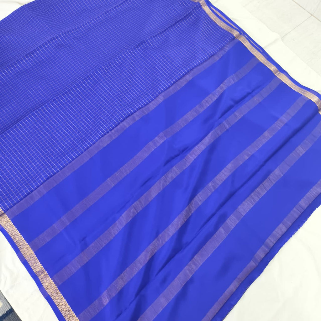 Pure Mysore Crepe Silk Saree –Royal Blue with small checks