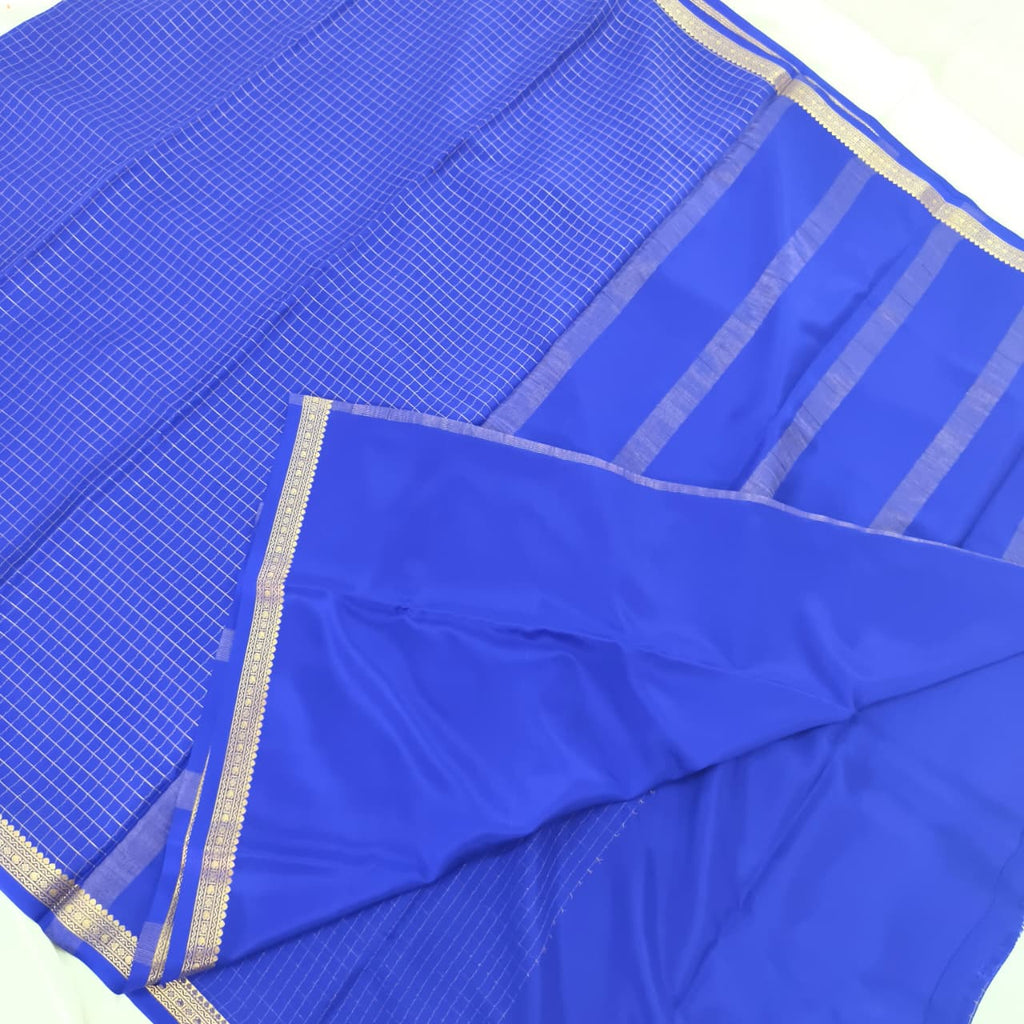 Pure Mysore Crepe Silk Saree –Royal Blue with small checks