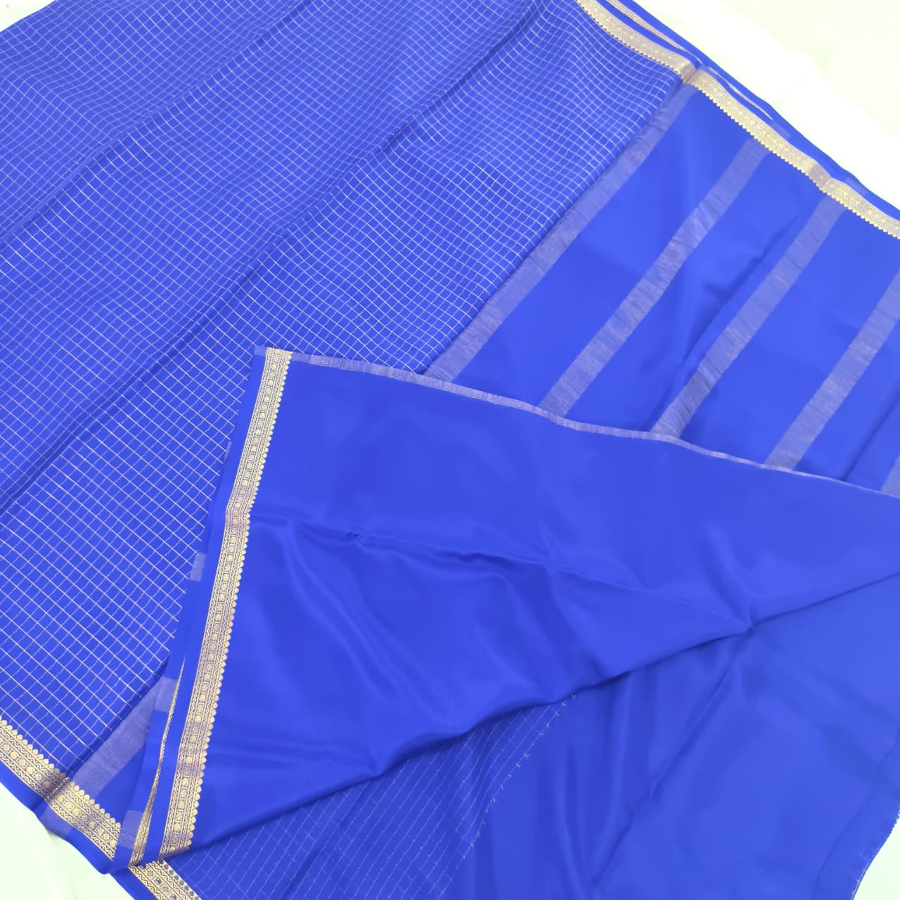Pure Mysore Crepe Silk Saree –Royal Blue with small checks