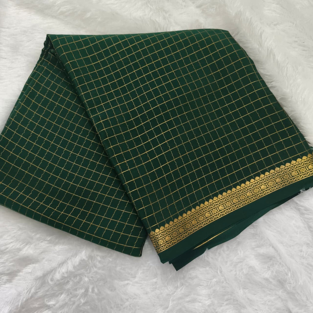 Pure Mysore Crepe Silk Saree – Dark Green with small checks
